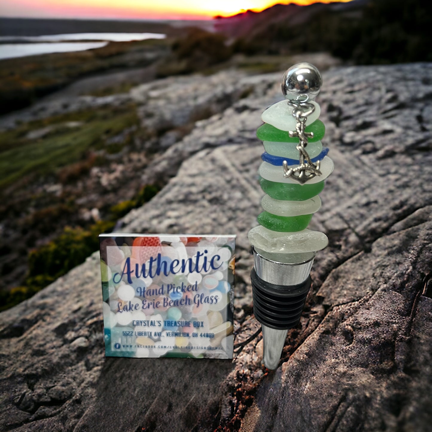 Authentic Beach Glass Wine Stopper With Anchor