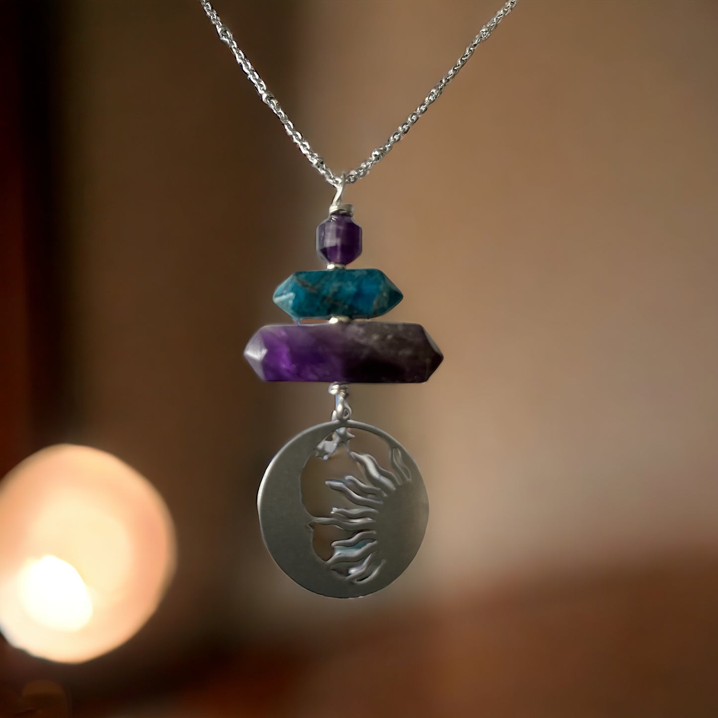 Amethyst and Apatite Moon Phase Necklace