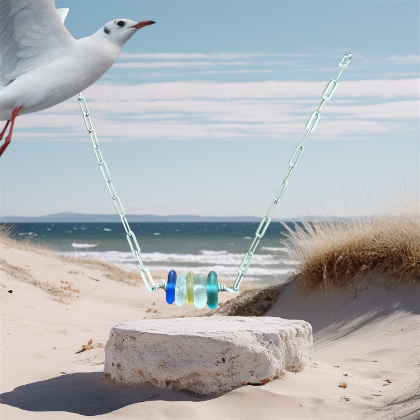 Beach Glass Necklace With Paper Clip Chain