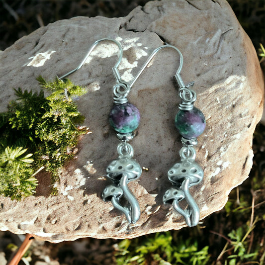 Ruby Zoite Earrings With Mushroom Charm