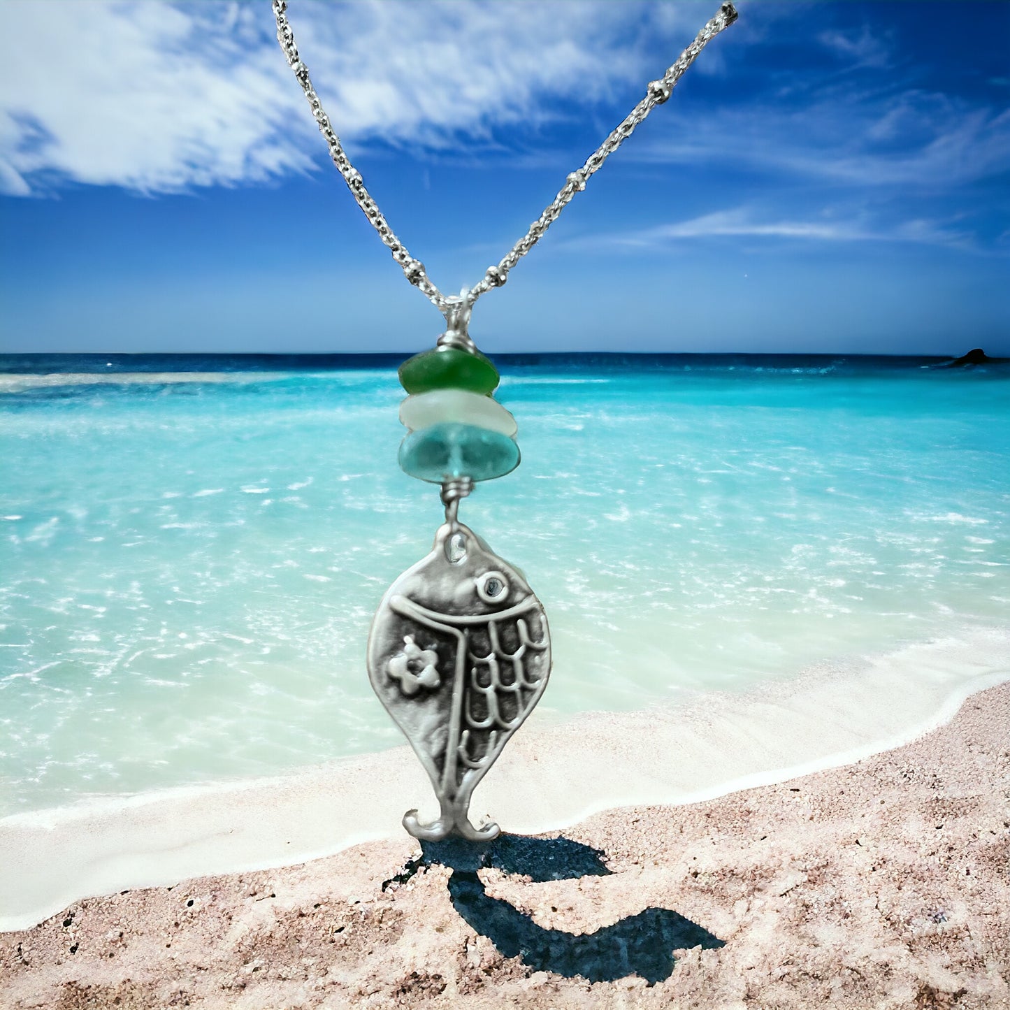 Beach Glass Necklace With Fish Charm