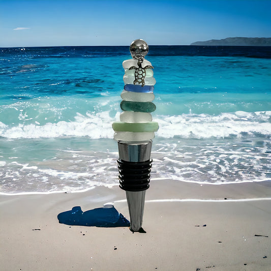 Beach Glass Wine Stopper With Sea Turtle Charm