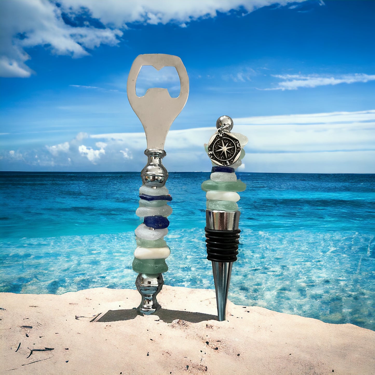 Beach Glass Wine Stopper And bottle Opener Set