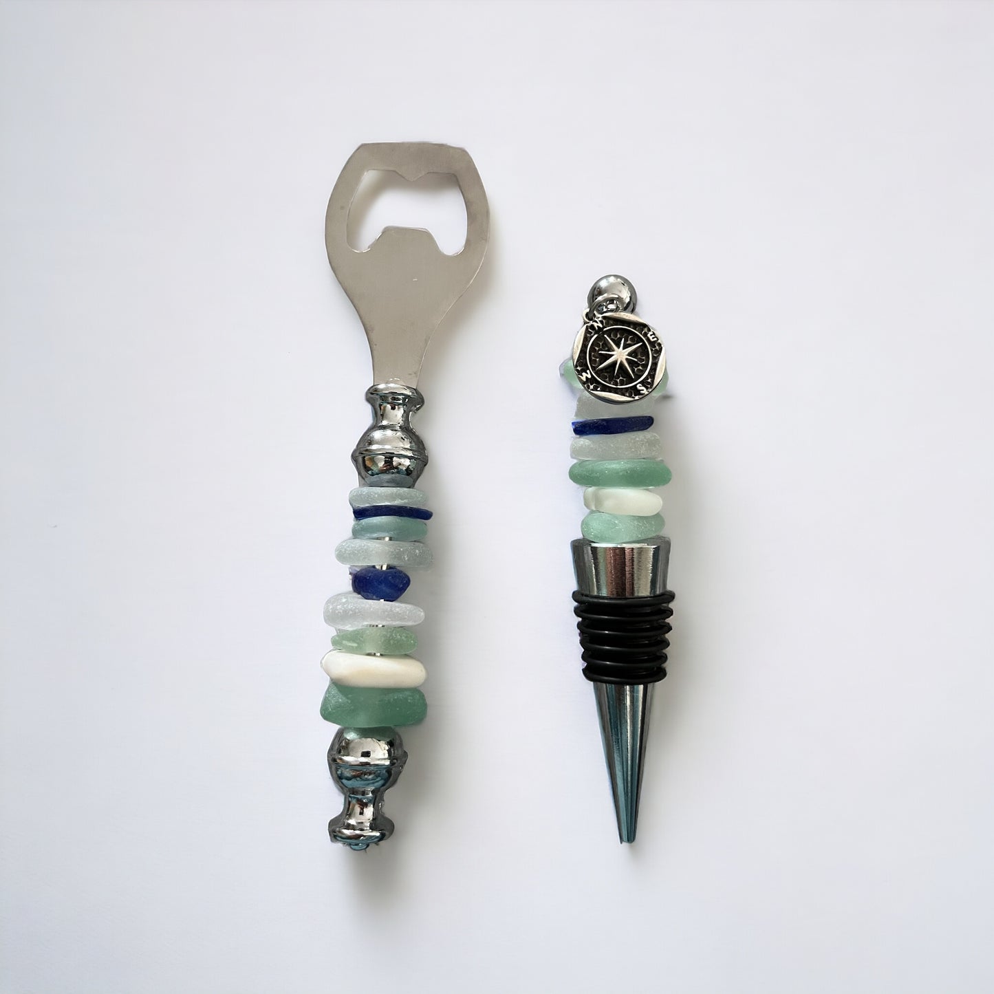 Beach Glass Wine Stopper And bottle Opener Set