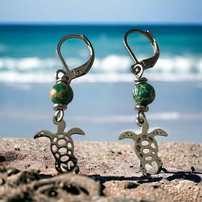 Imperial Jasper Earrings With Sea Turtle Charm