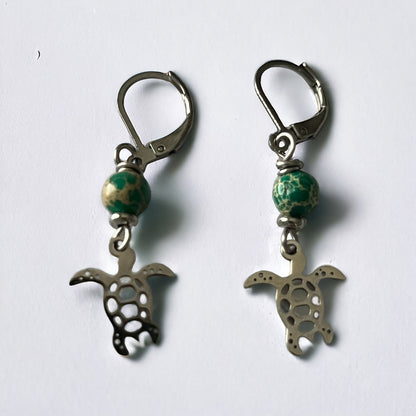 Imperial Jasper Earrings With Sea Turtle Charm