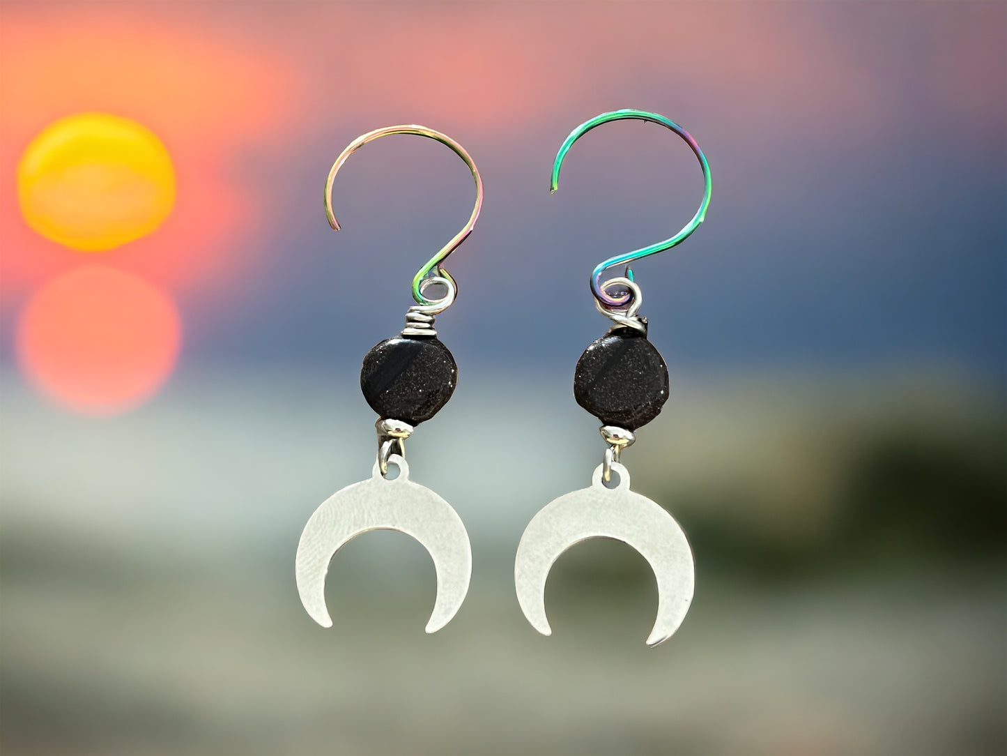 Silver And Blue Goldstone Earrings With Cresent Moon charm