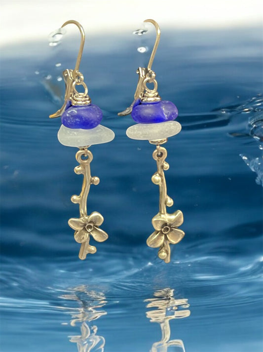 Blue And White Beach Glass Earring with Flower Charm